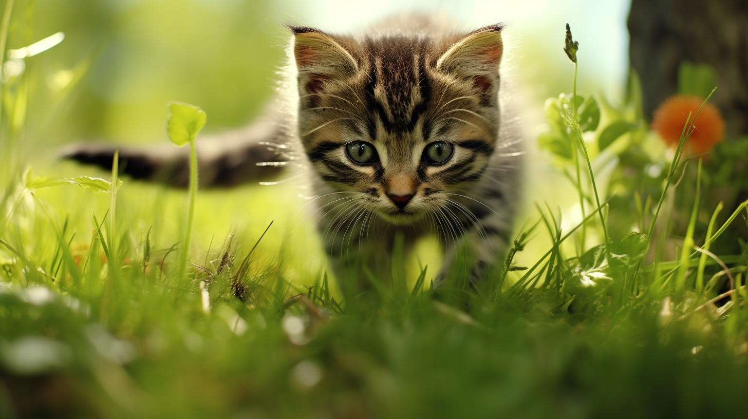 Cute kitten happily munching on grass