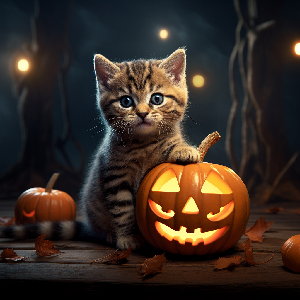 Adorable Kitten Holding Halloween Pumpkin