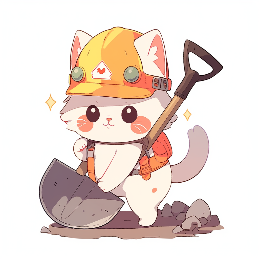 Cute kitten with hard hat and shovel