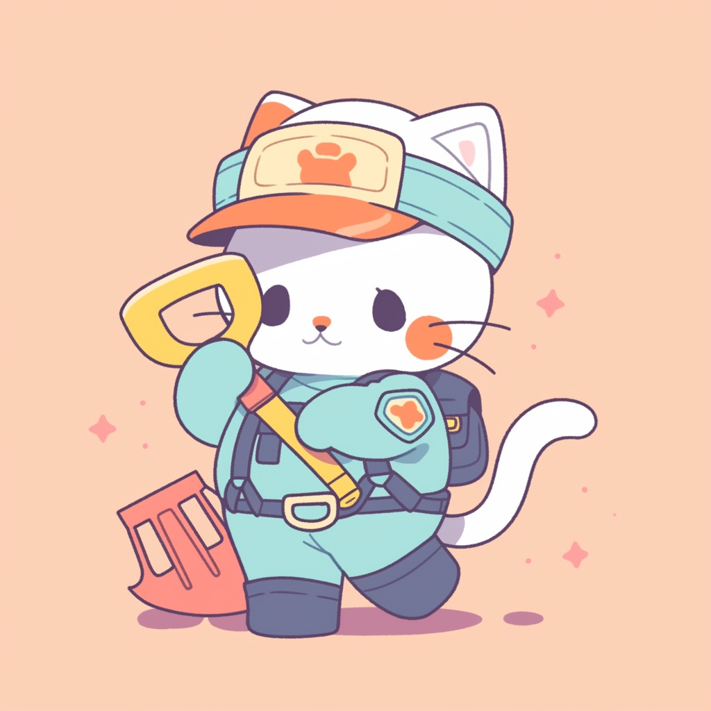 Adorable kitten in a hard hat and using a shovel