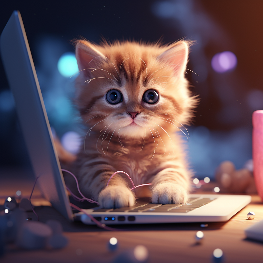 Adorable kitten playing on computer