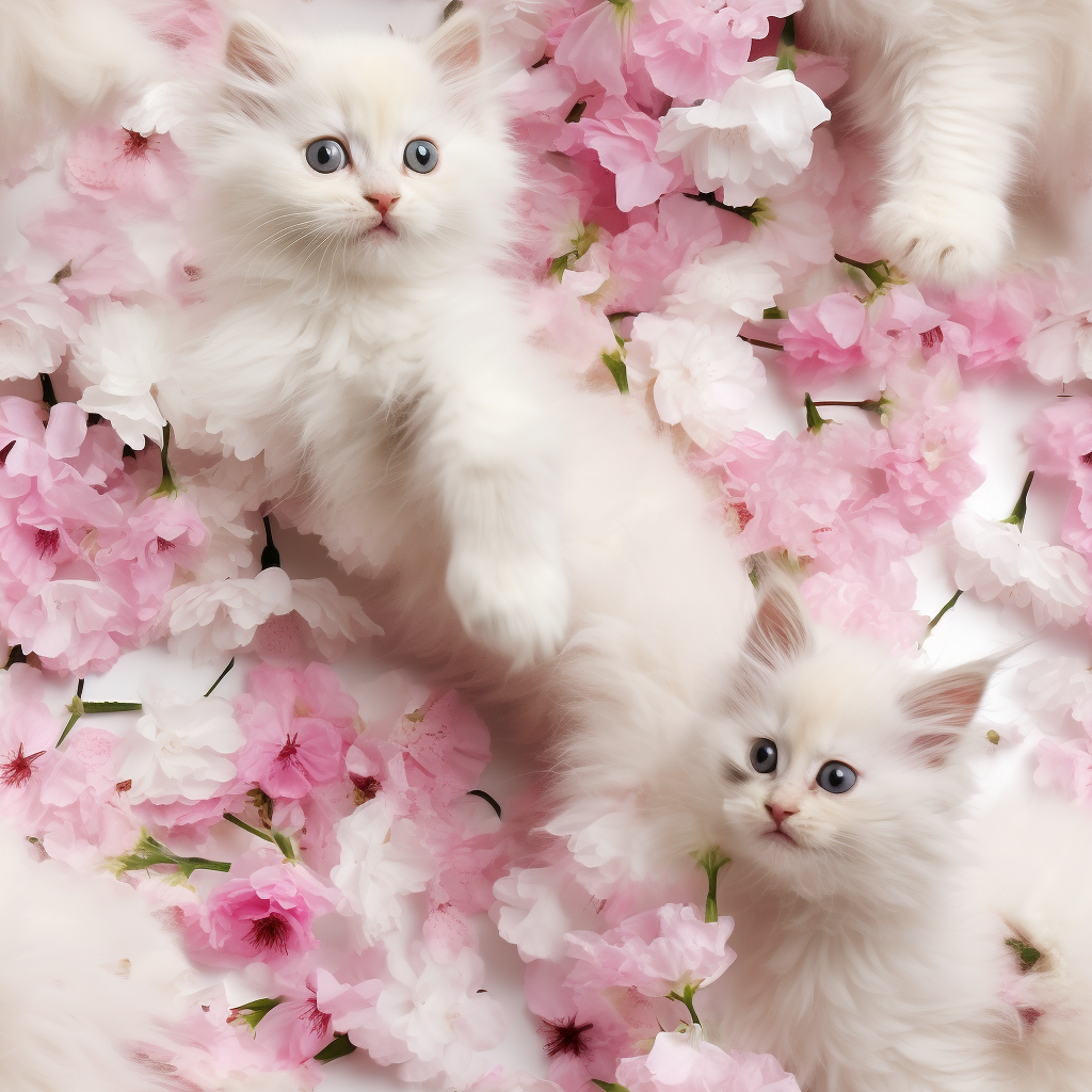 Long-haired white kitten playing with pink flowers