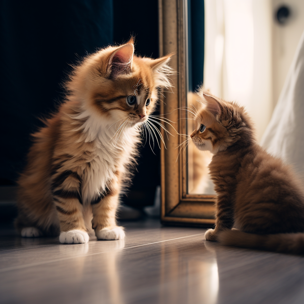 Kitten looking at lion reflection