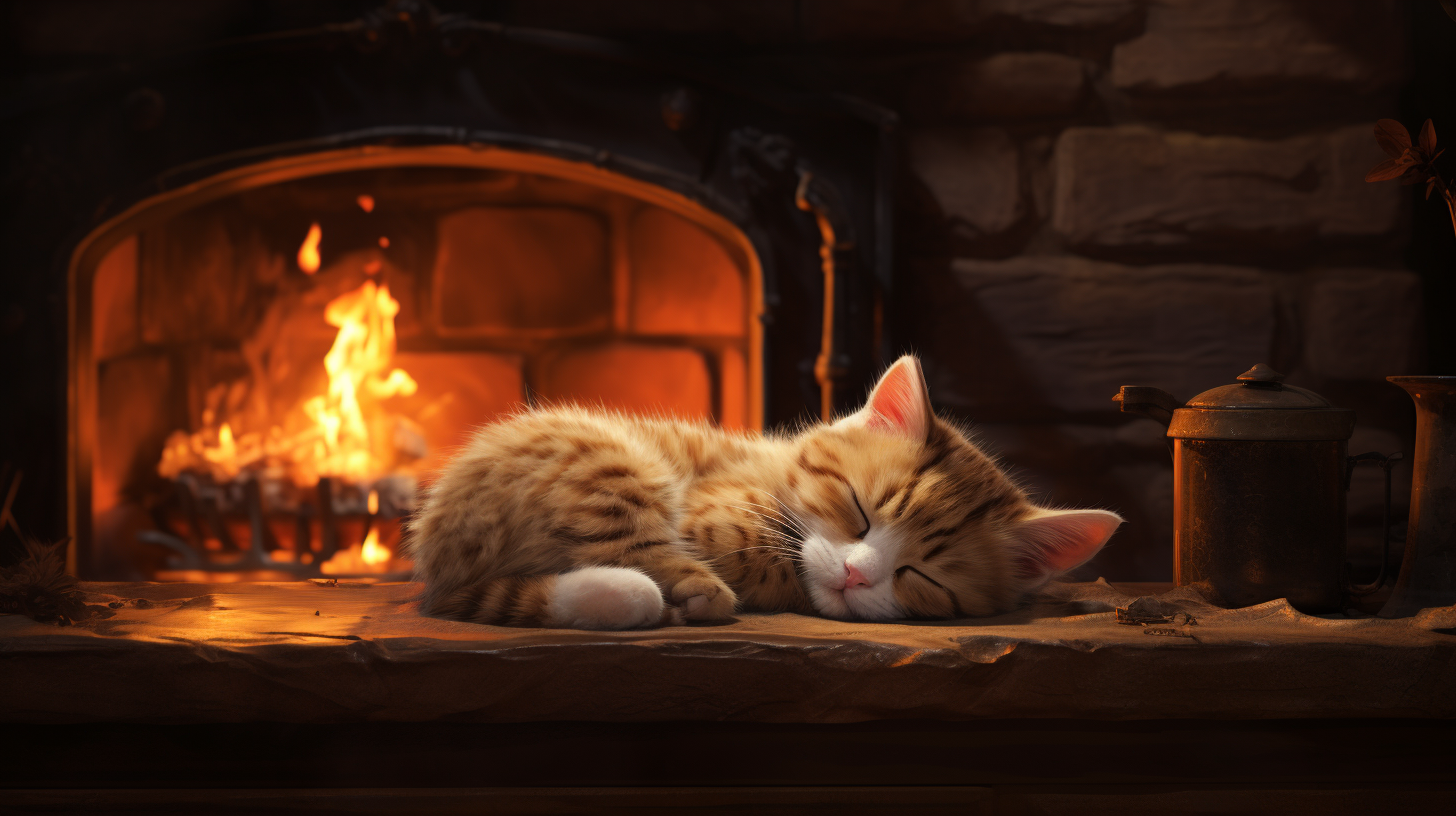 Sleeping Kitten by the Fireplace