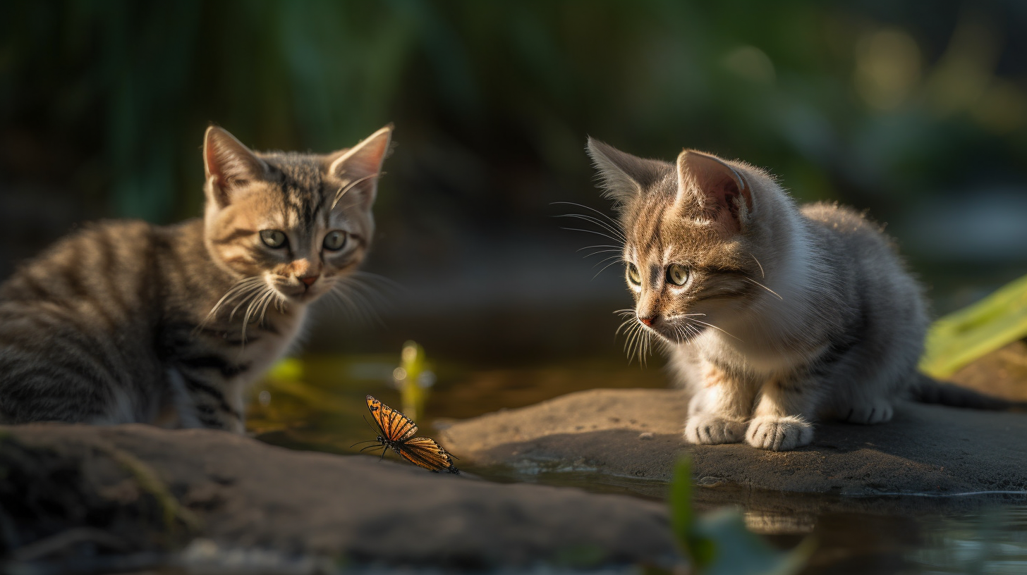 Kittens fishing by tranquil riverbank with dragonfly