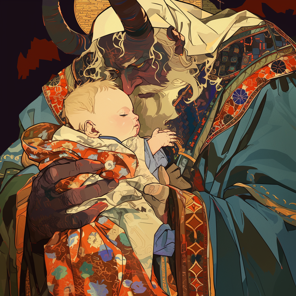 Scary Klimt Style Devil Giving Baby to Pope