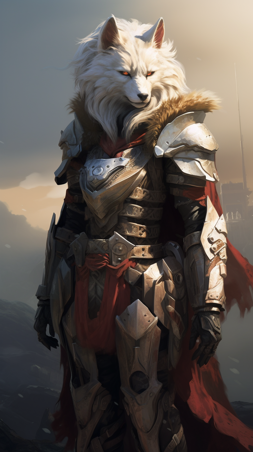 Knight armor with feminine leather cape and wolf inspiration