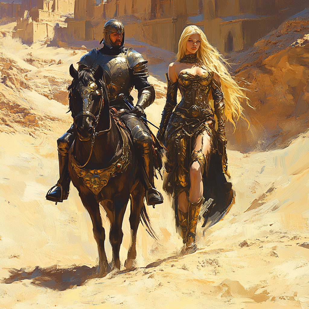 Knight armor horse desert blonde woman