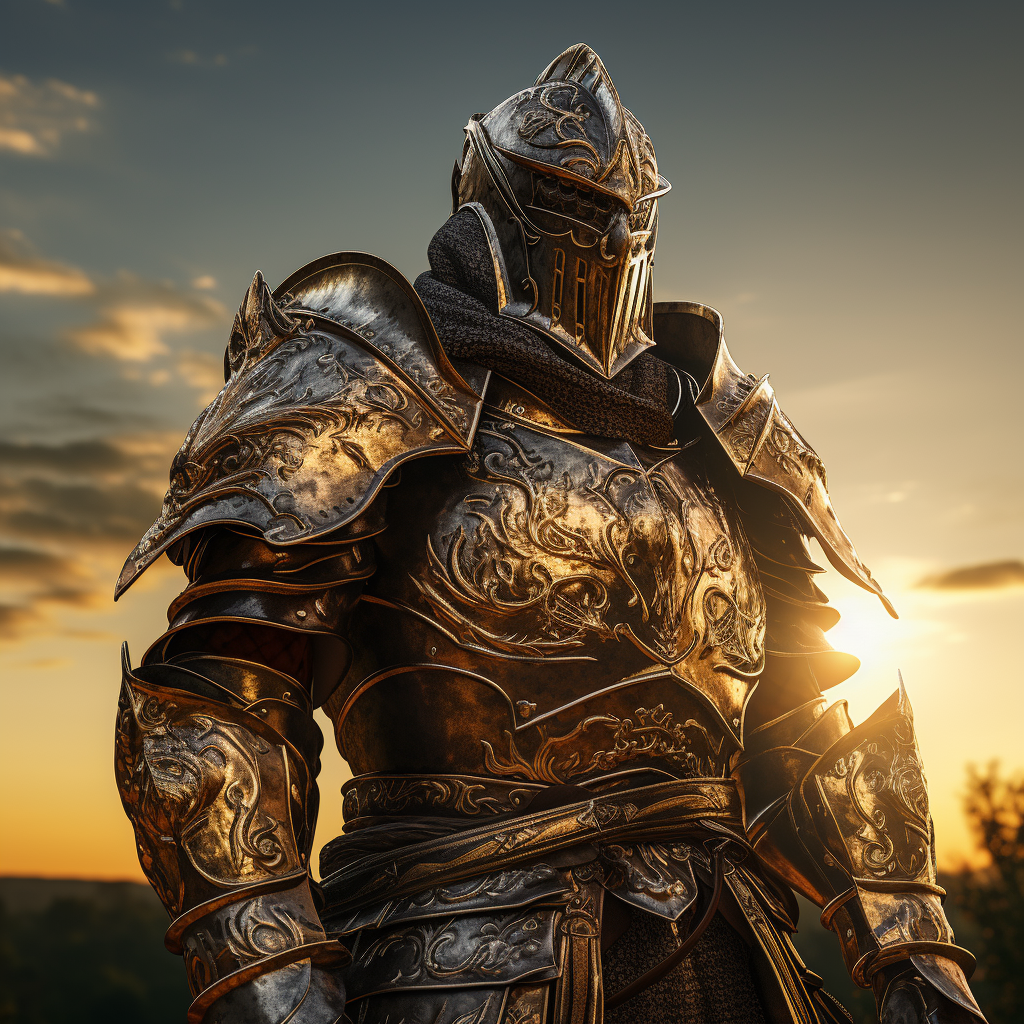 Knight armor praying golden hour scene