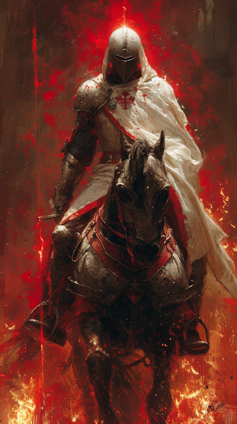 Knight armor riding fiery warhorse fantasy image