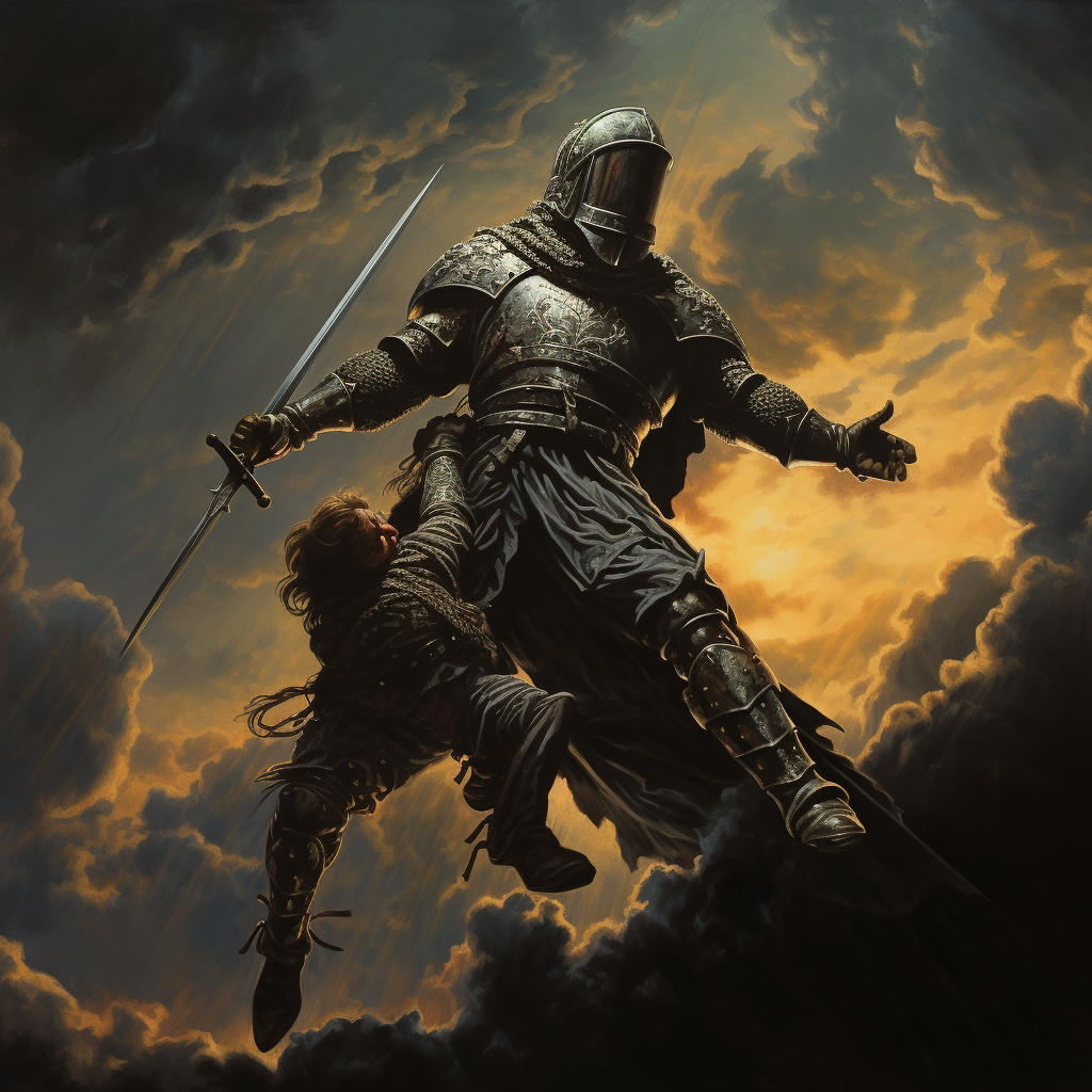 Knight Carrying Barbarian Falling through Sky