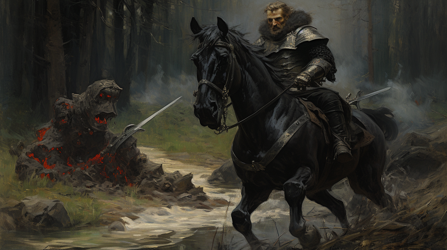 A brave knight fighting a goblin in Viktor Vasnetsov style