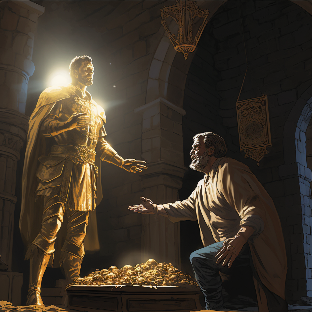 Knight ghost offers metal detector man a shiny gold coin