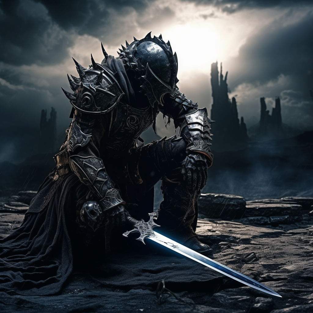 Knight in Gothic Armor with Longsword on Battlefield