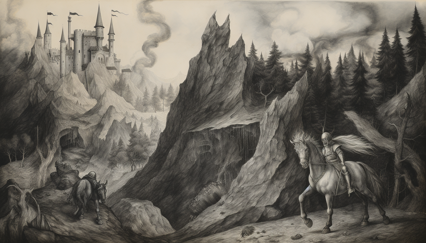 Knight on horse meeting demon with mountain, trees, and castle