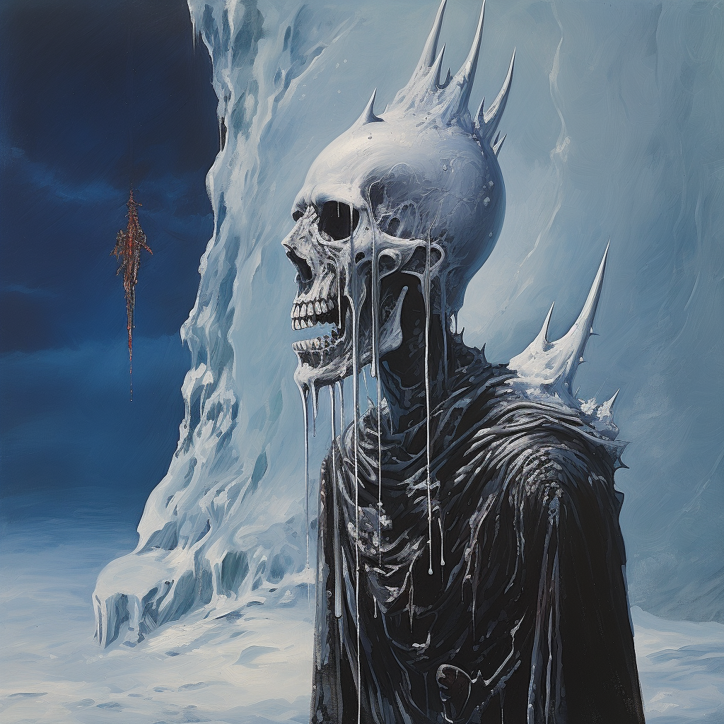 Surrealist Dark Fantasy Knight with Icicle Cave and Snow