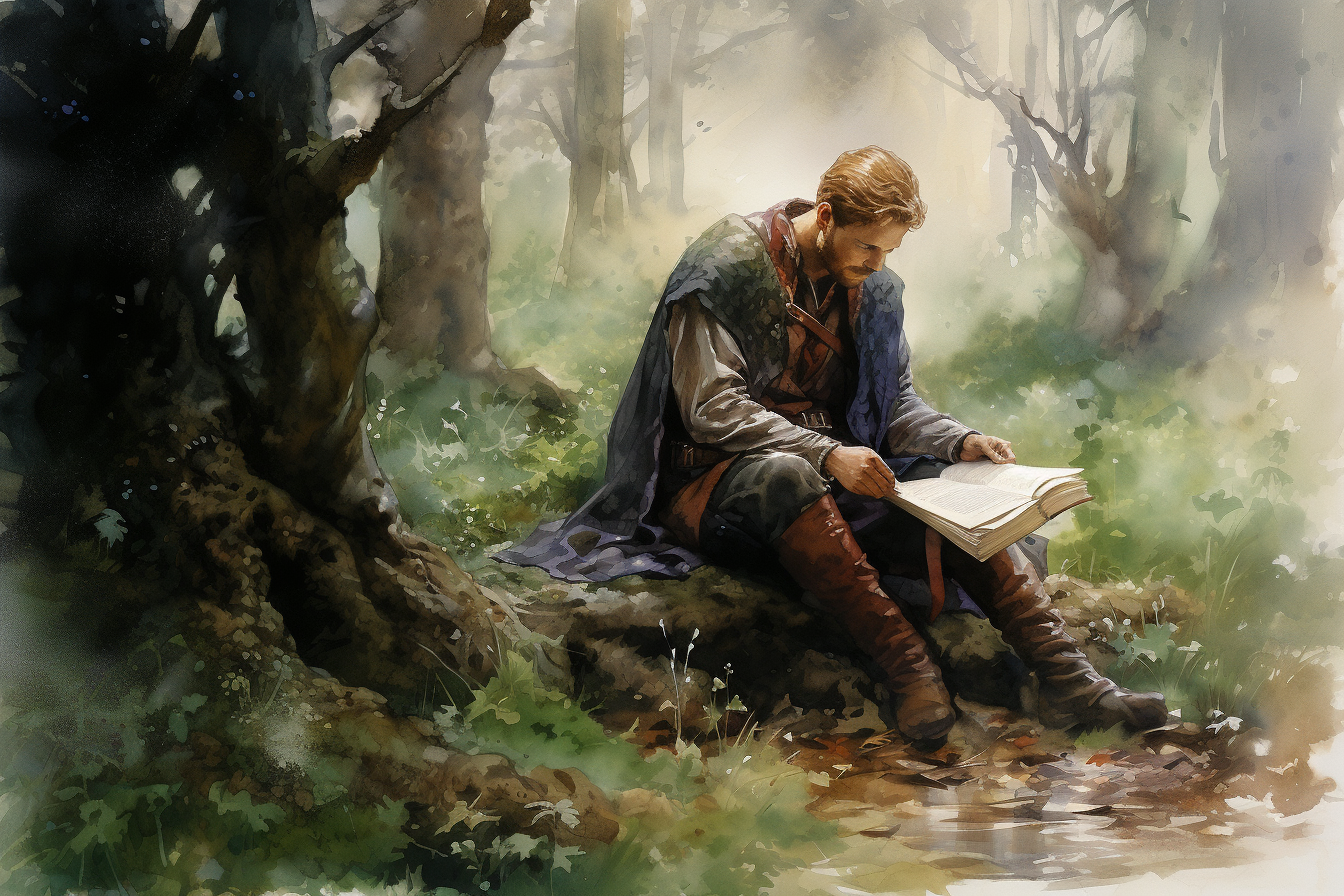 Knight reading leather bound book in forest