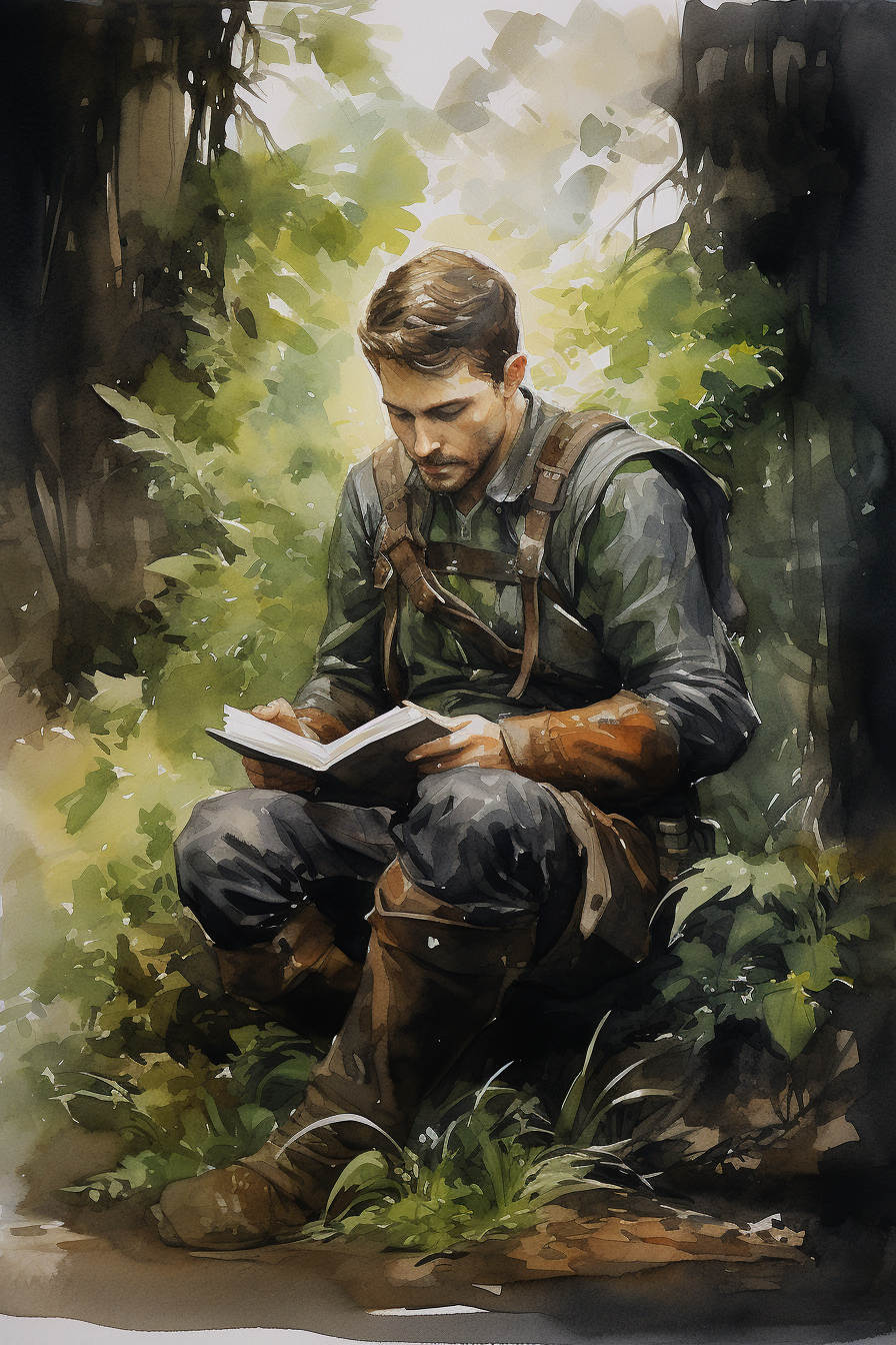 Knight reading leather bound book in forest