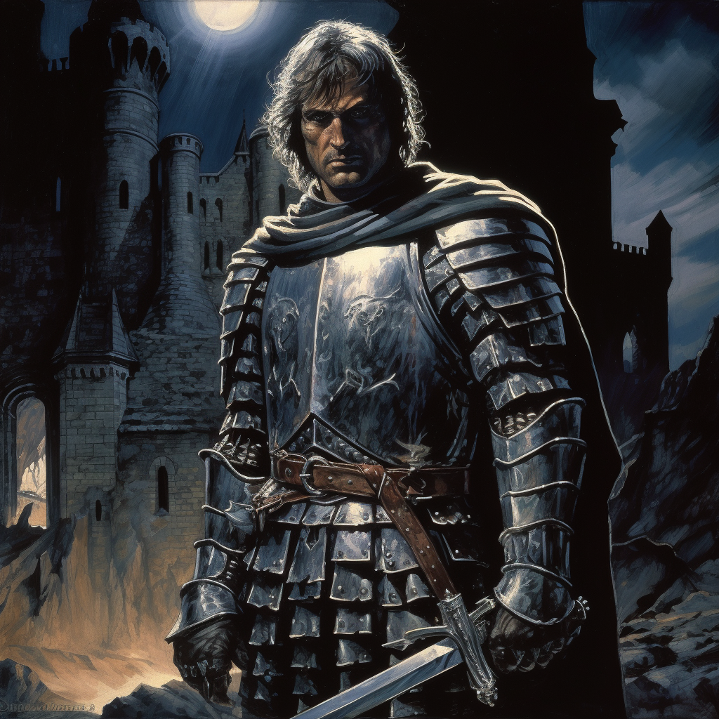 Knight in Rusty Armor Holding Sword in Castle Ruins