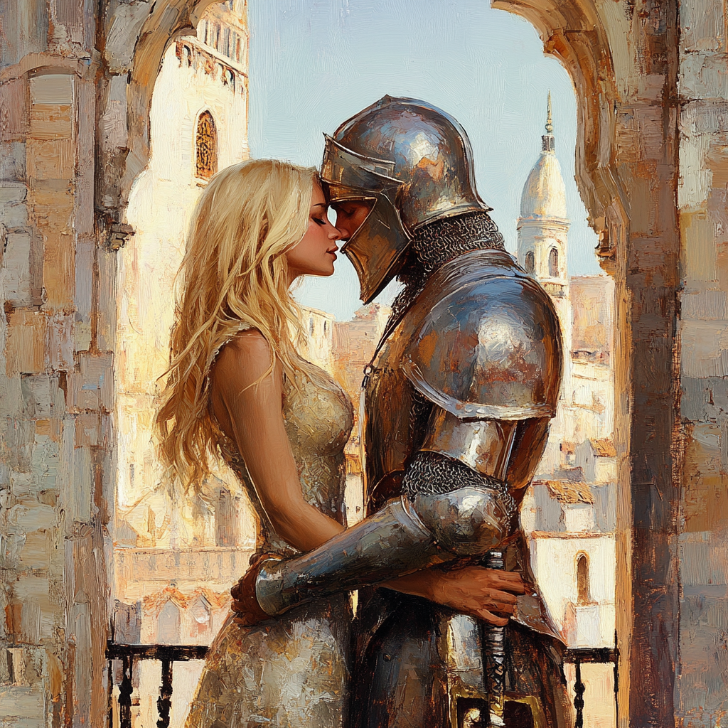 Knight and Roman Goddess Kiss