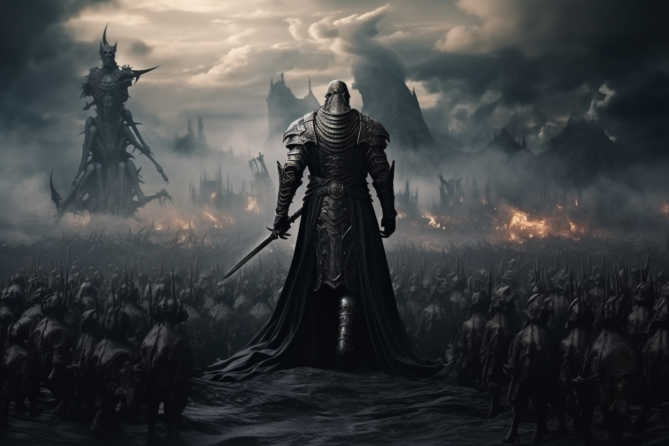 Knight standing over undead army