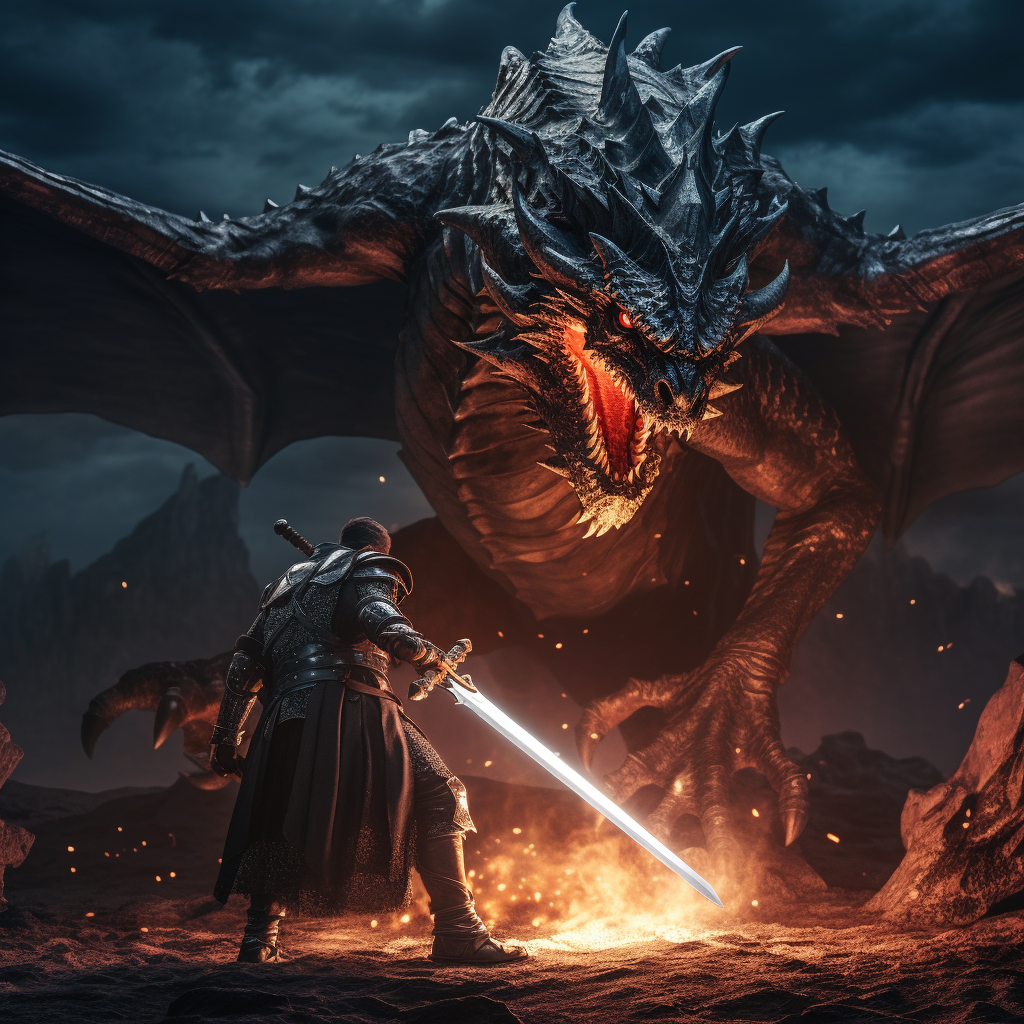 Brave knight battles fiery dragon