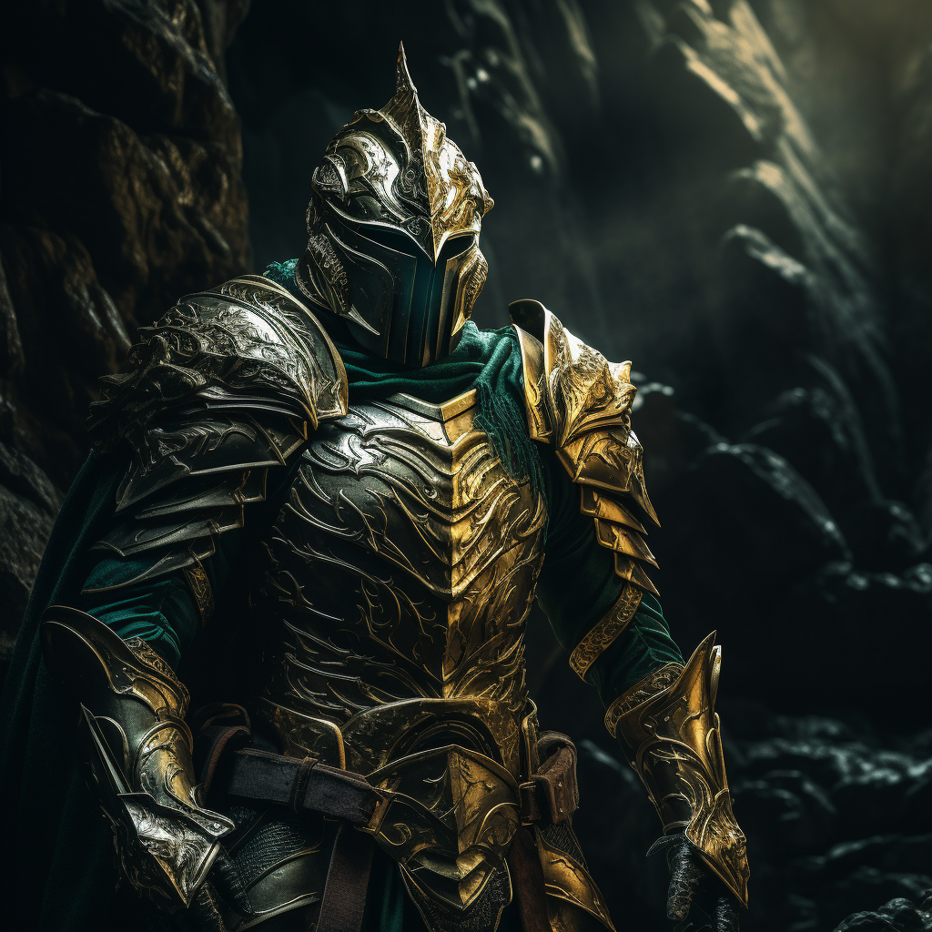 Knight in Green-and-Gold Platemail in Dark Cave