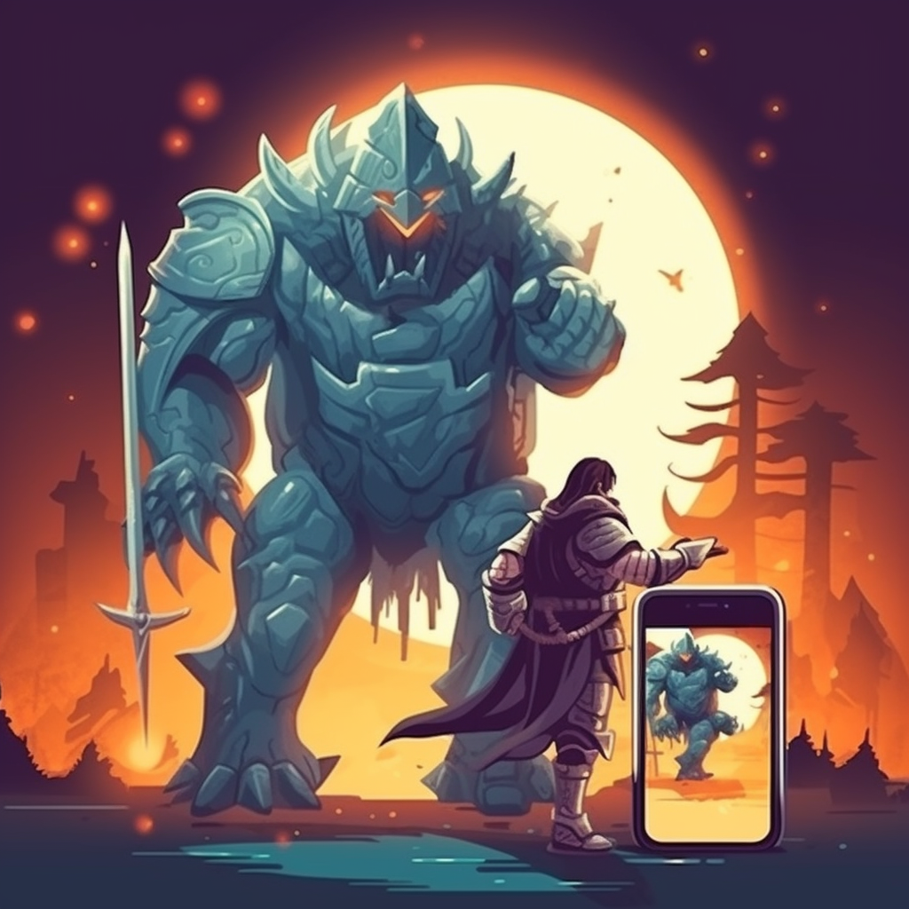 Brave knight battling billboard monster with smartphone