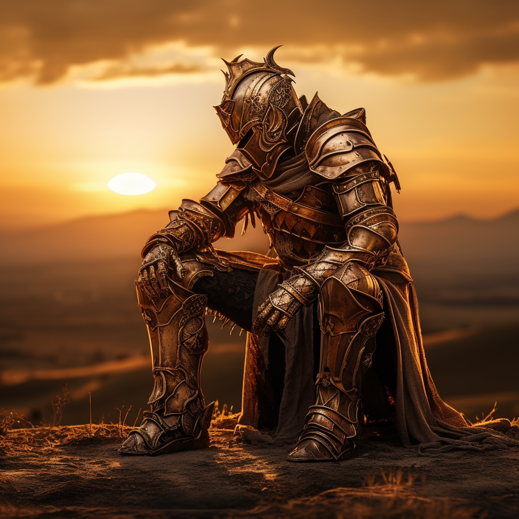 Knight in full plate armor kneeling at golden hour