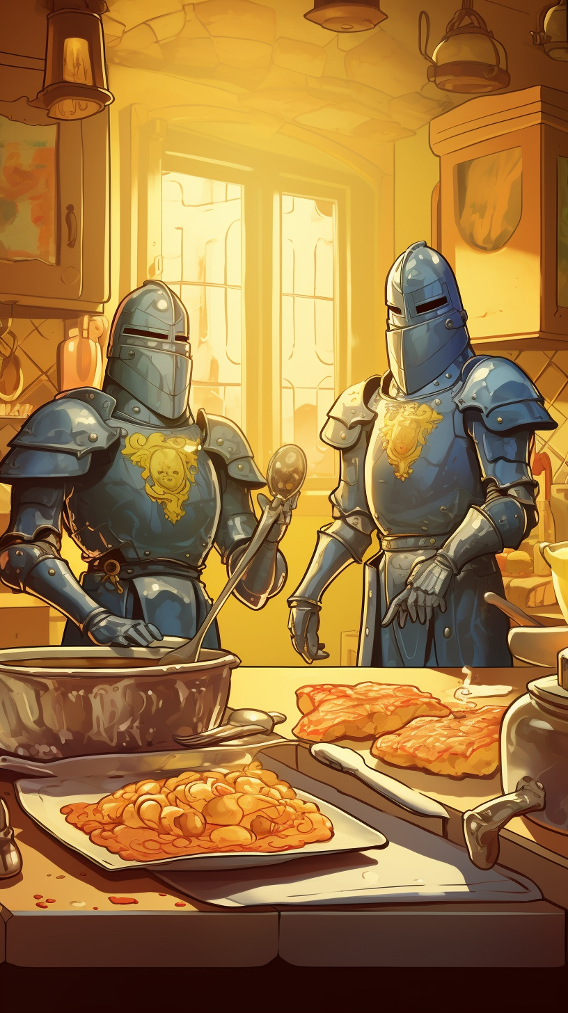 knights frying eggs on shield comix