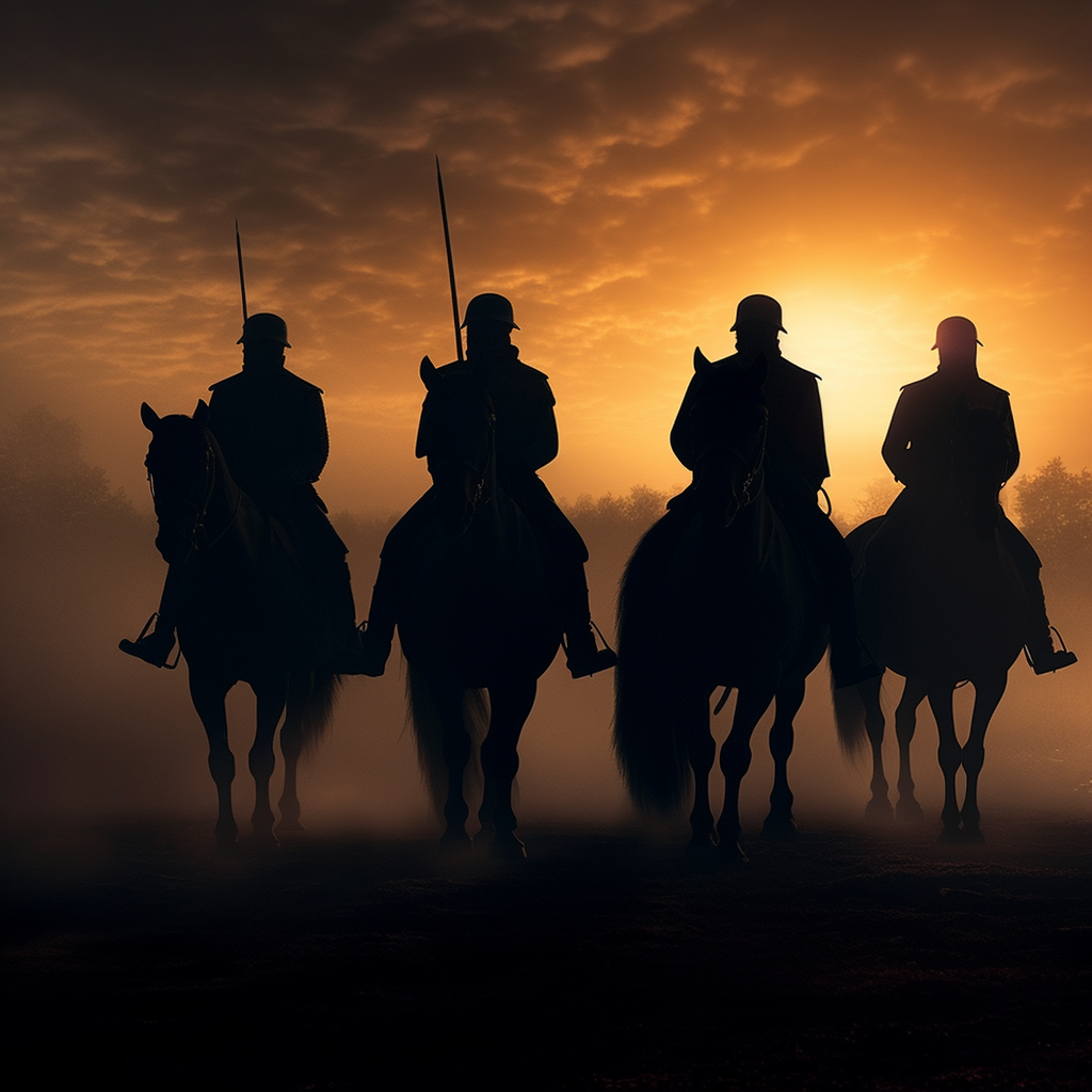 Silhouettes of knights horses overlooking cheering crowd