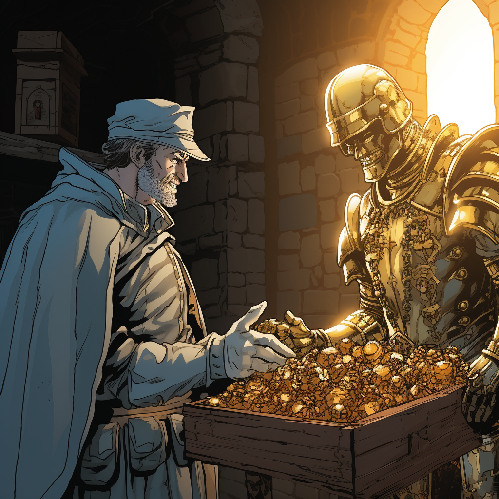 Knights ghost gifting man gold coin in castle cellar