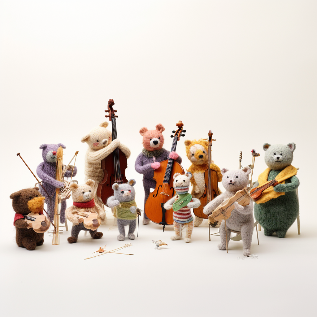 Knitted animals playing musical instruments