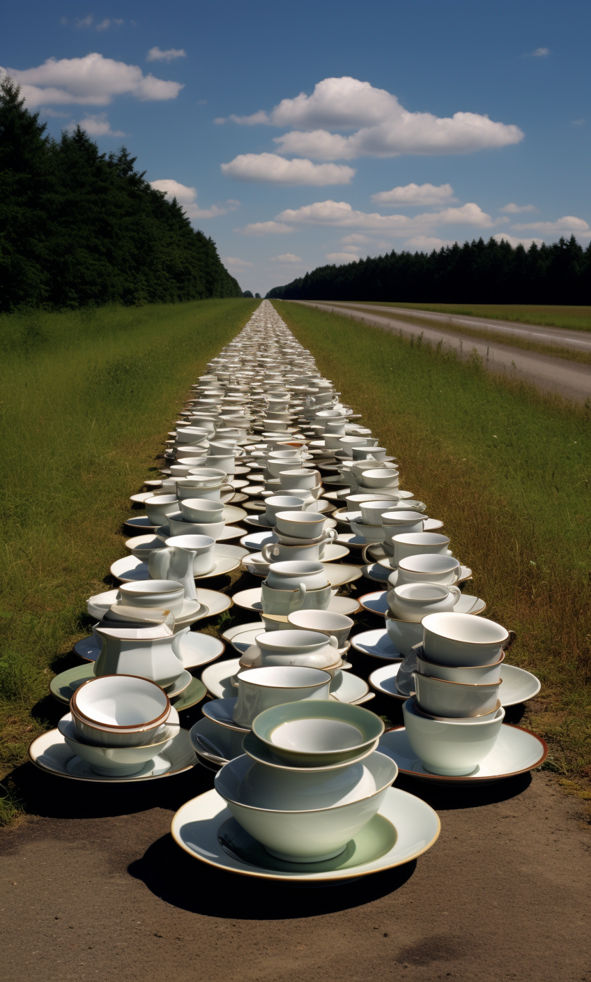 Zenithal view of crockery on highway