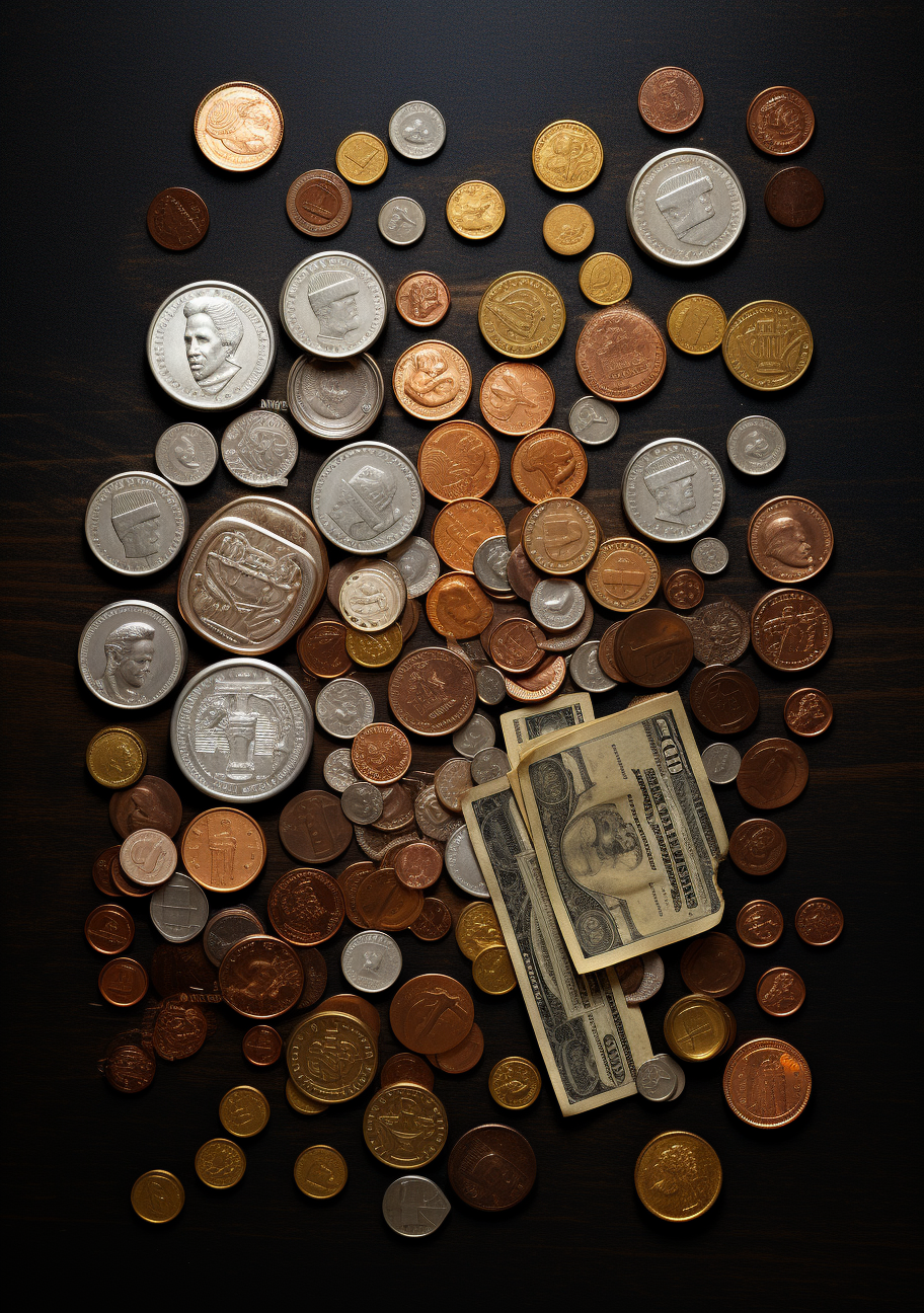 Organized coins and bills on a brown metallic background