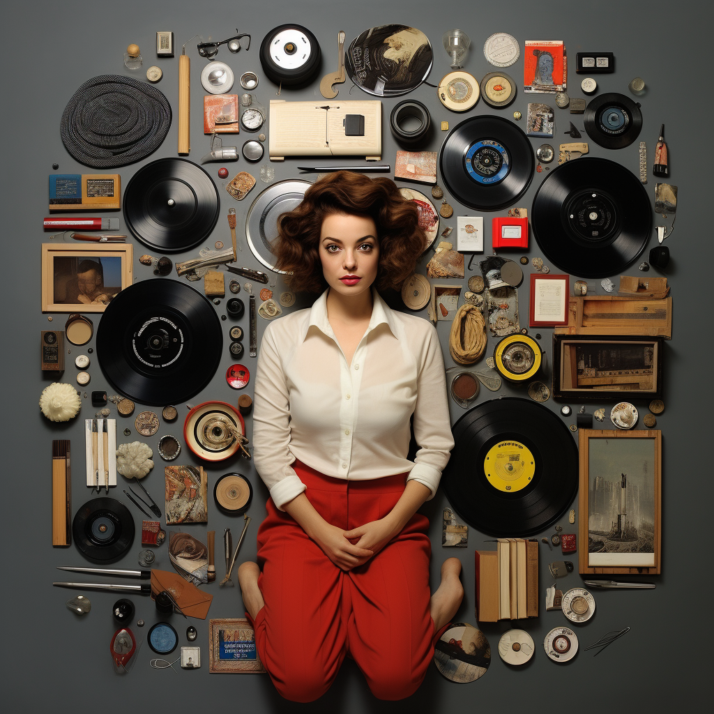 Norman Rockwell-inspired knolling of female vinyl collector