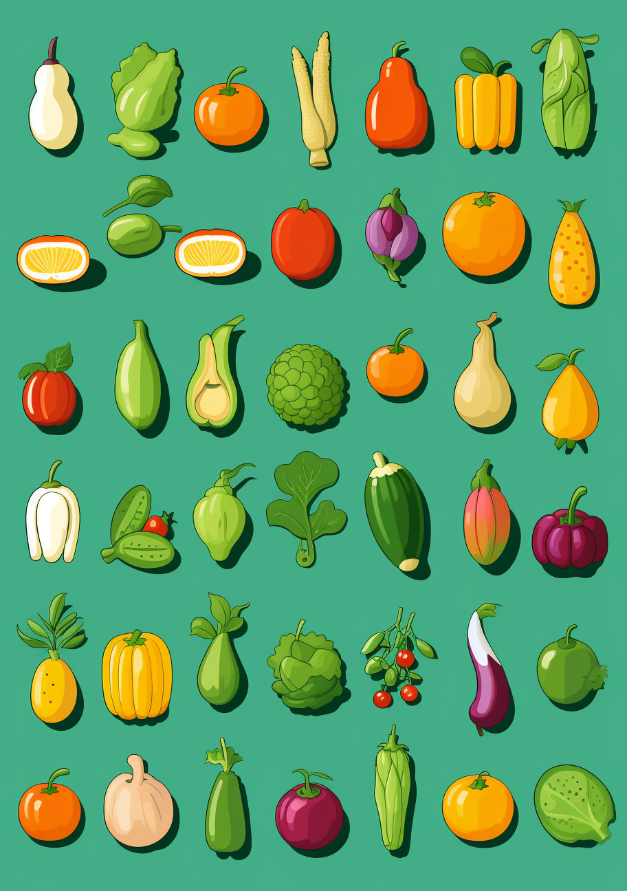 Fresh fruits and vegetables on green background