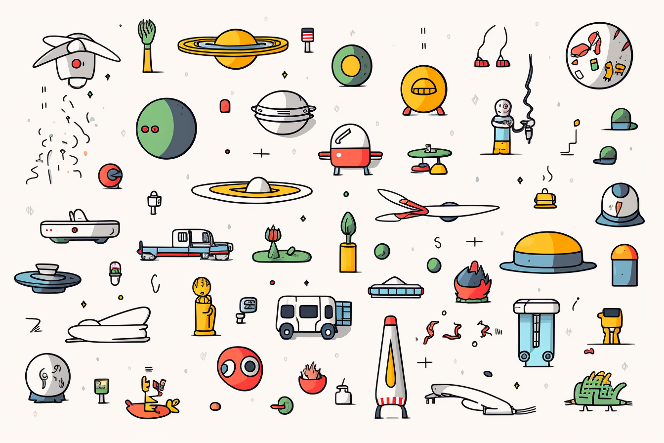 UFO knolling scene artwork with bold lines