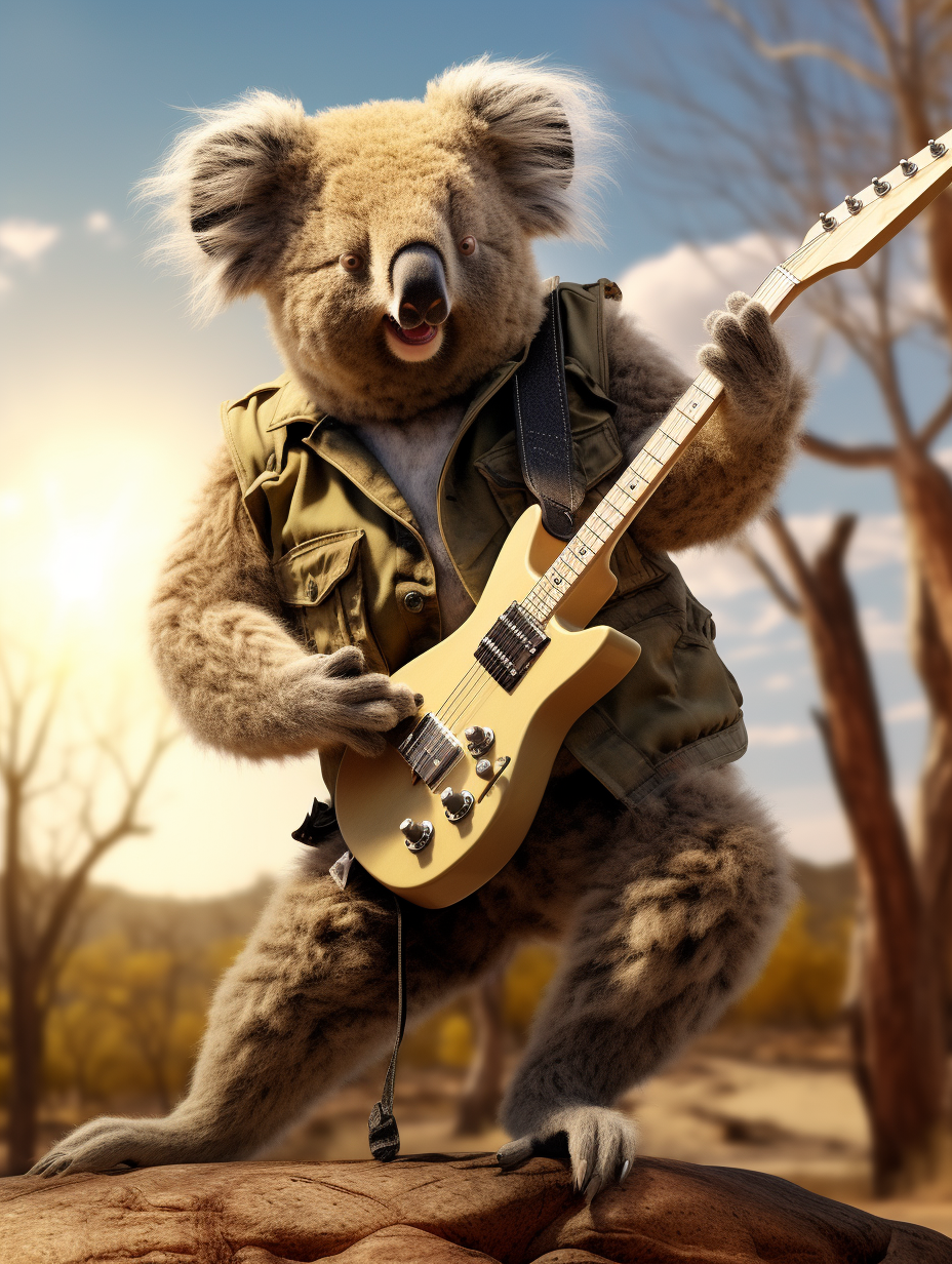 Koala bear playing an electric guitar