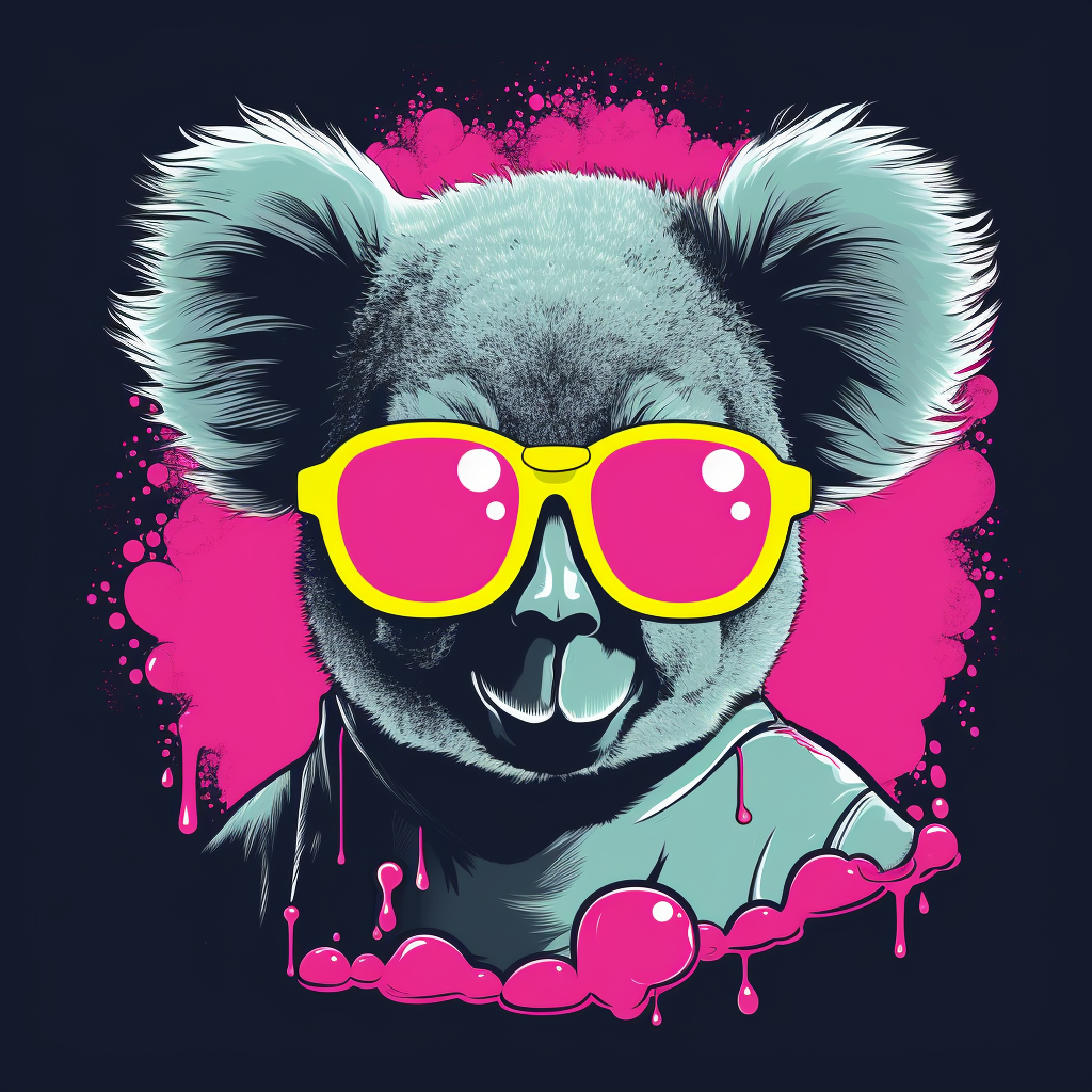 Koala blowing bubble gum with neon goggles