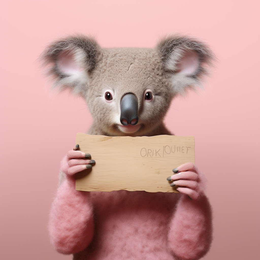 Cute koala holding a pink sign