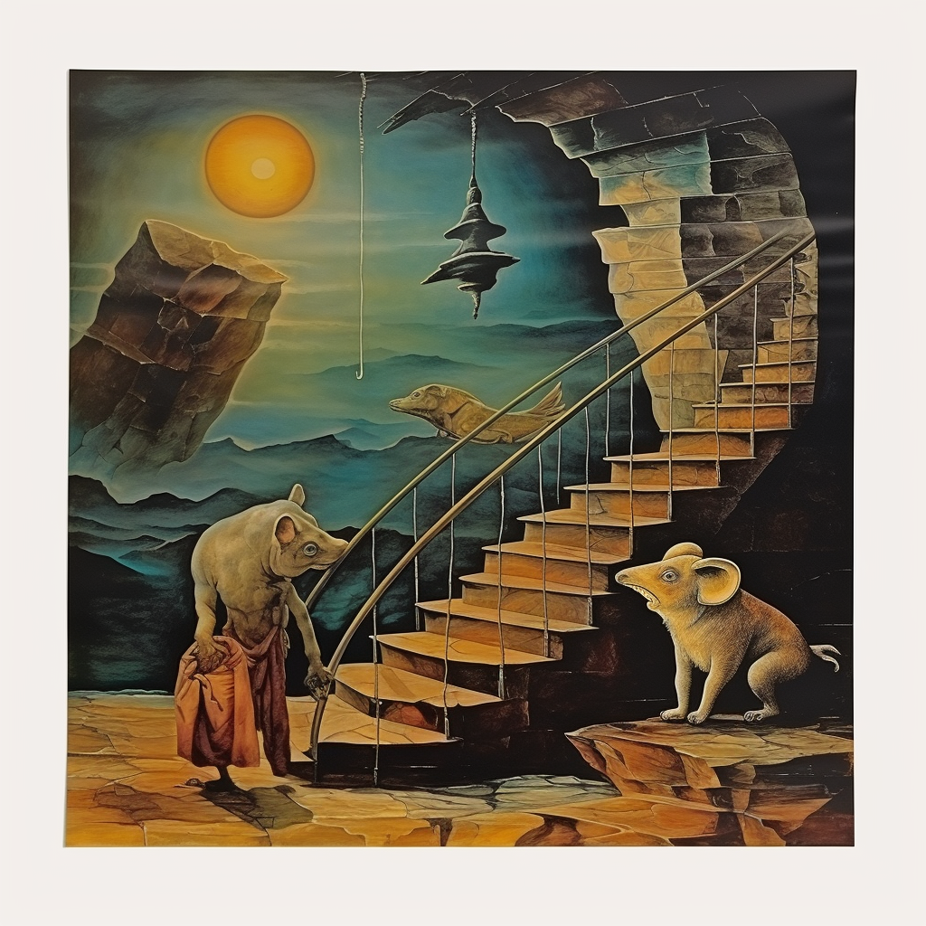 Koala and Rhino Climbing Stairs in Surreal Night