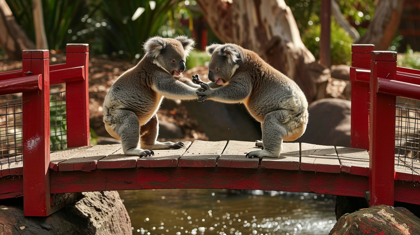 Two koalas engaged in epic kung fu battle