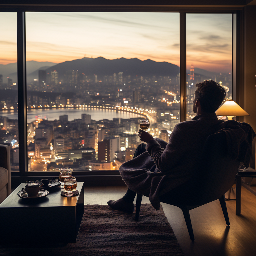 Japanese man enjoying coffee in luxury apartment