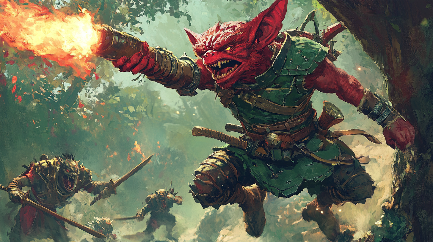 kobold rogue in green leather throwing fireball at oni.