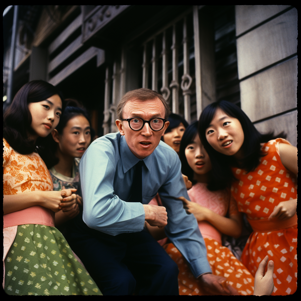 Vintage Kodachrome photo of Woody Allen and Asian girls