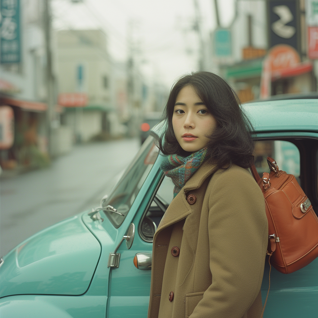 Beautiful Japanese Girl on Fiat 500 Car