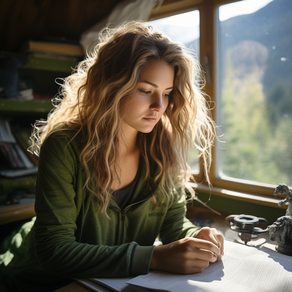 Woman writing in journal in dorm room