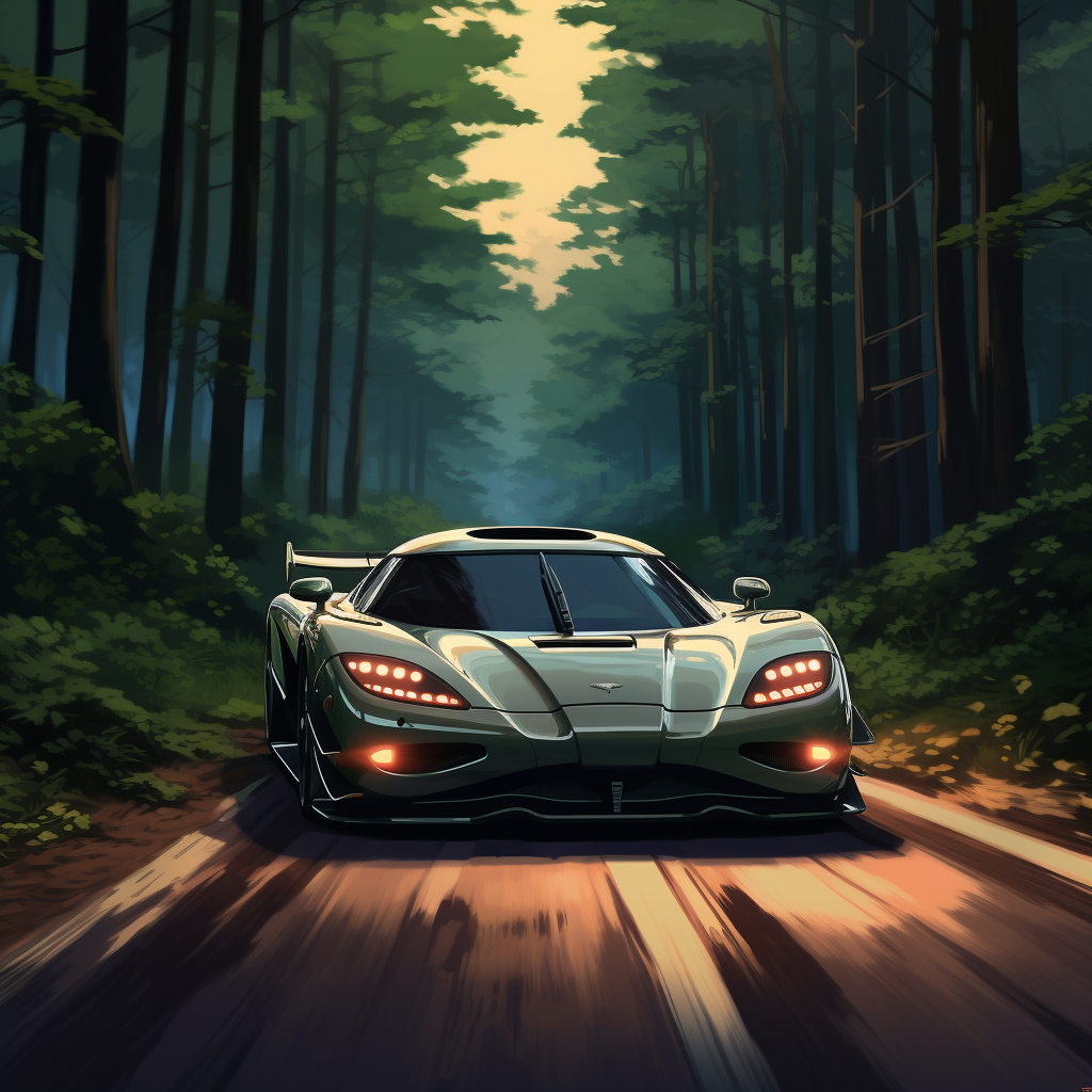 Anime-style Koenigsegg driving through forest road