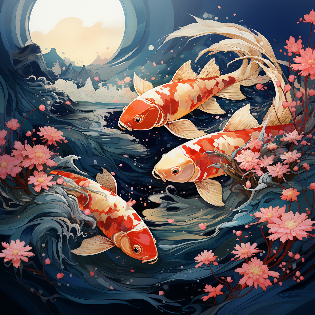 Aerial view of ethereal koi fish waterscape